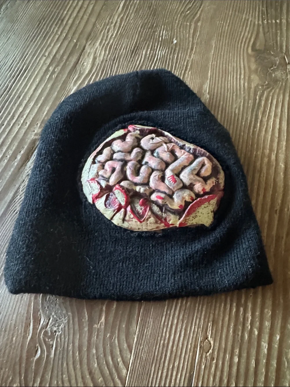 Kids zombie Black Knit Beanie with Fun Brain Patches